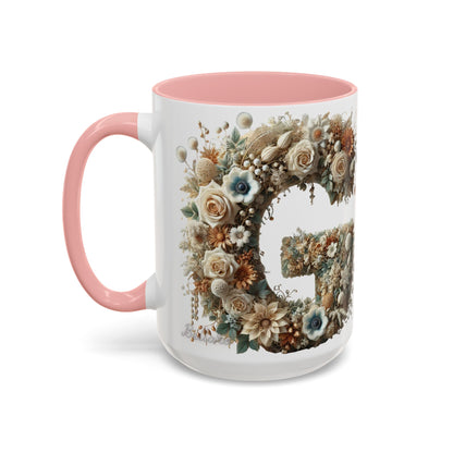 Floral Monogram 'G' Accent Coffee Mug — Botanical Initial Gift 15oz