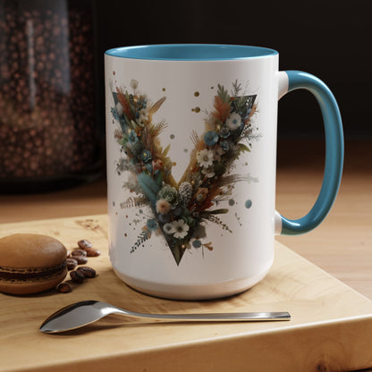 Artistic Letter 'V' Accent Coffee Mug — Botanical Initial Ceramic Mug 15 oz