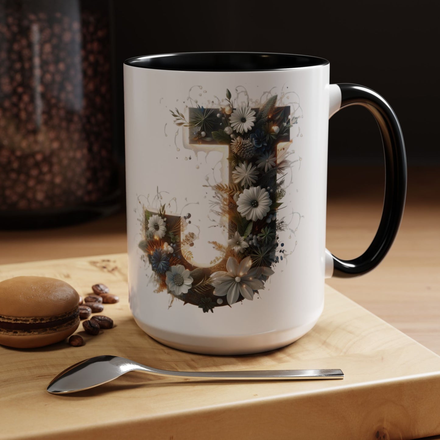 Floral Monogram Coffee Mug — Letter 'J' Accent Mug 15 oz