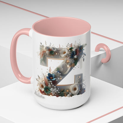 Floral Monogram 'Z' Accent Coffee Mug — 15oz Personalized Initial Mug