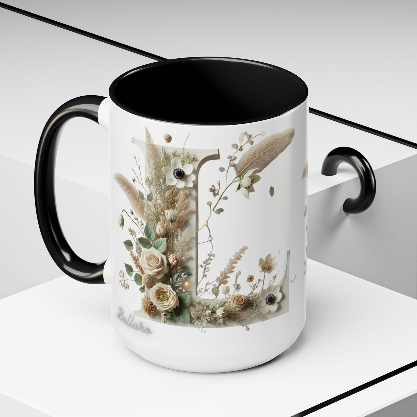 Boho 'L' Accent Coffee Mug — Neutral Dried Flowers Design 15oz