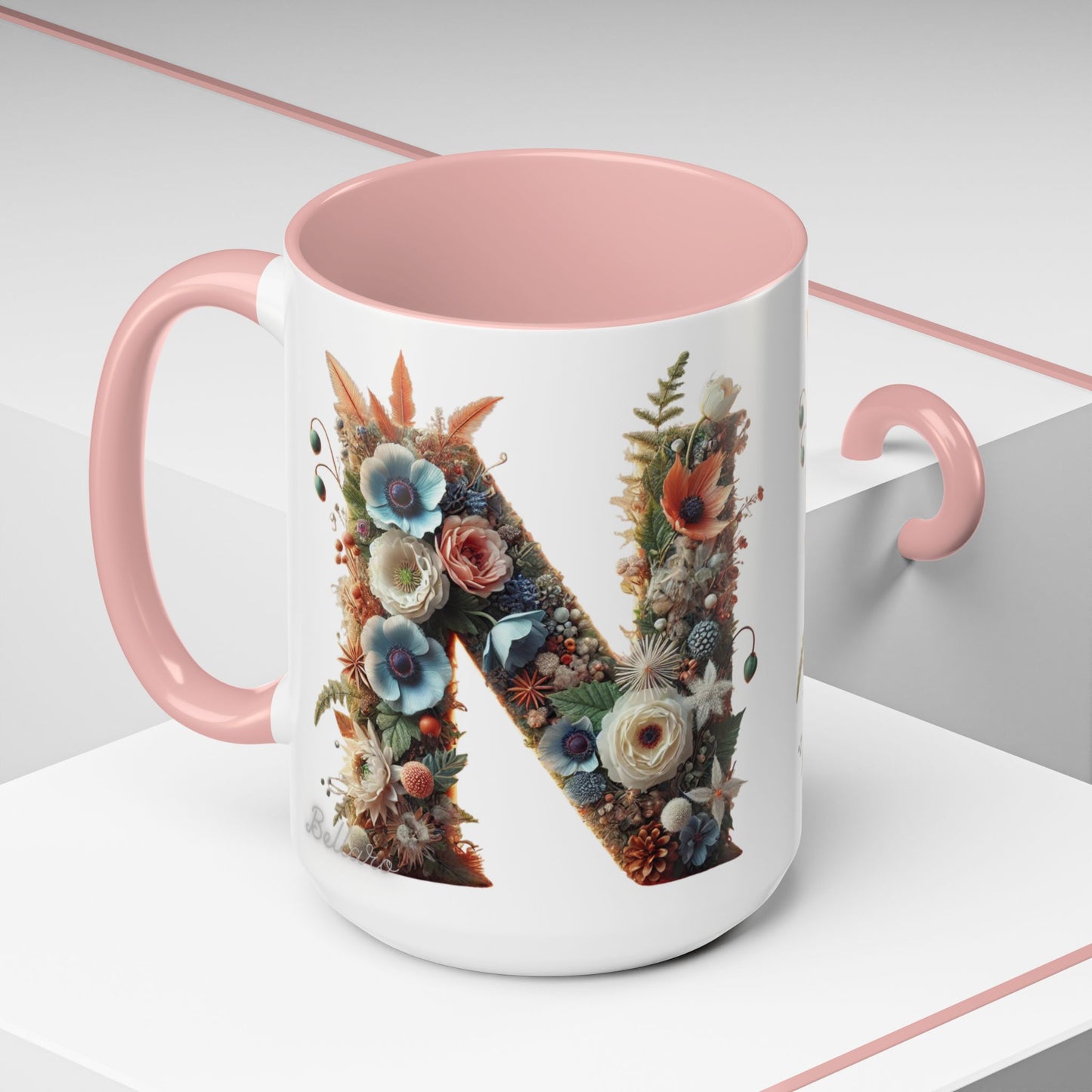Floral Letter 'N' Accent Coffee Mug — Botanical Monogram Gift 15oz