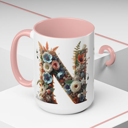 Floral Letter 'N' Accent Coffee Mug — Botanical Monogram Gift 15oz
