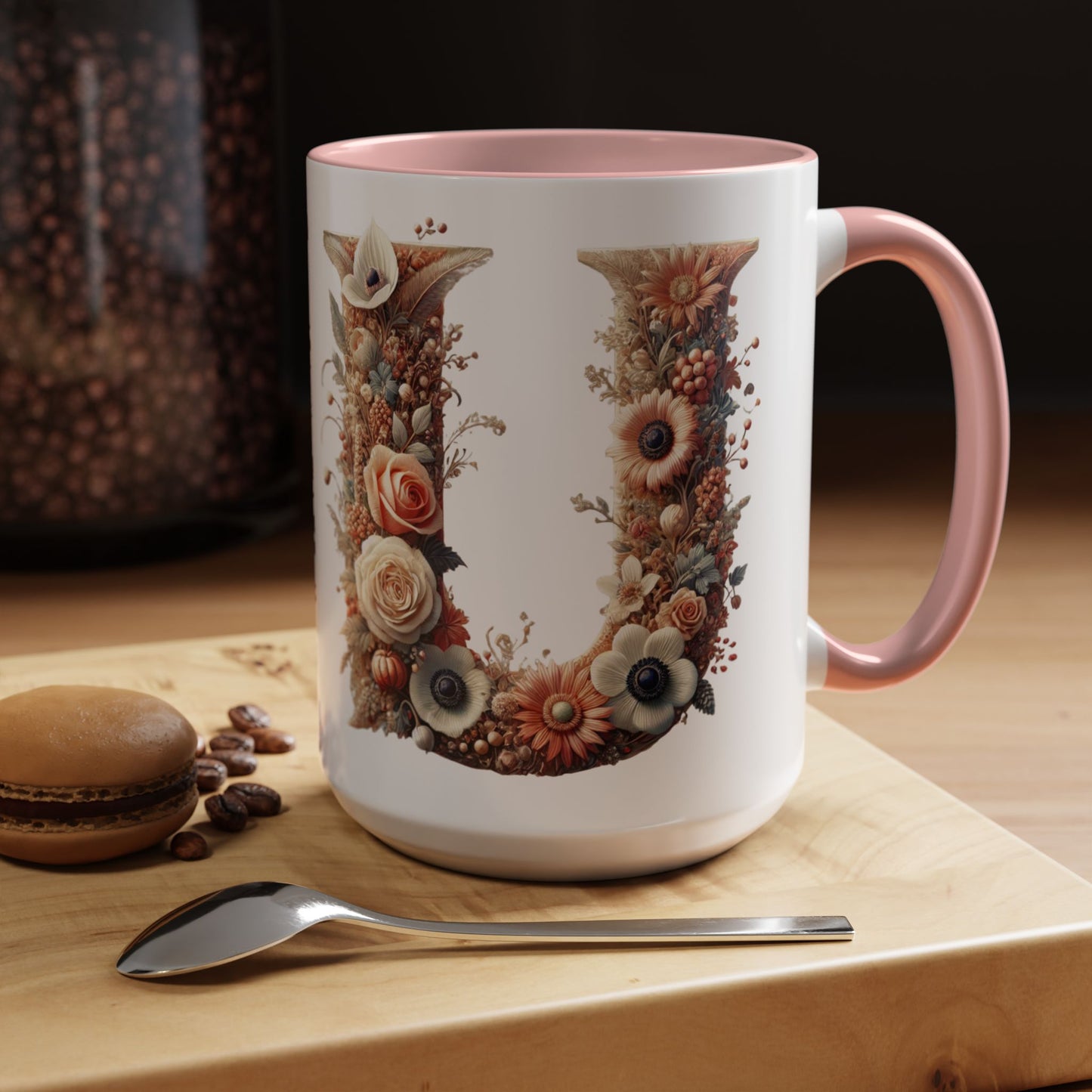 Floral Monogram 'U' Accent Coffee Mug – Floral Letter U Ceramic Mug 15oz