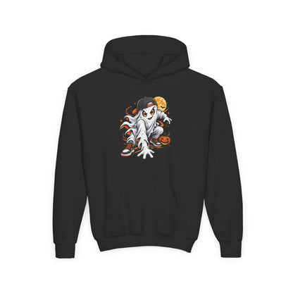 Youth Hoodie — Playful Ghost & Pumpkin Halloween Pullover