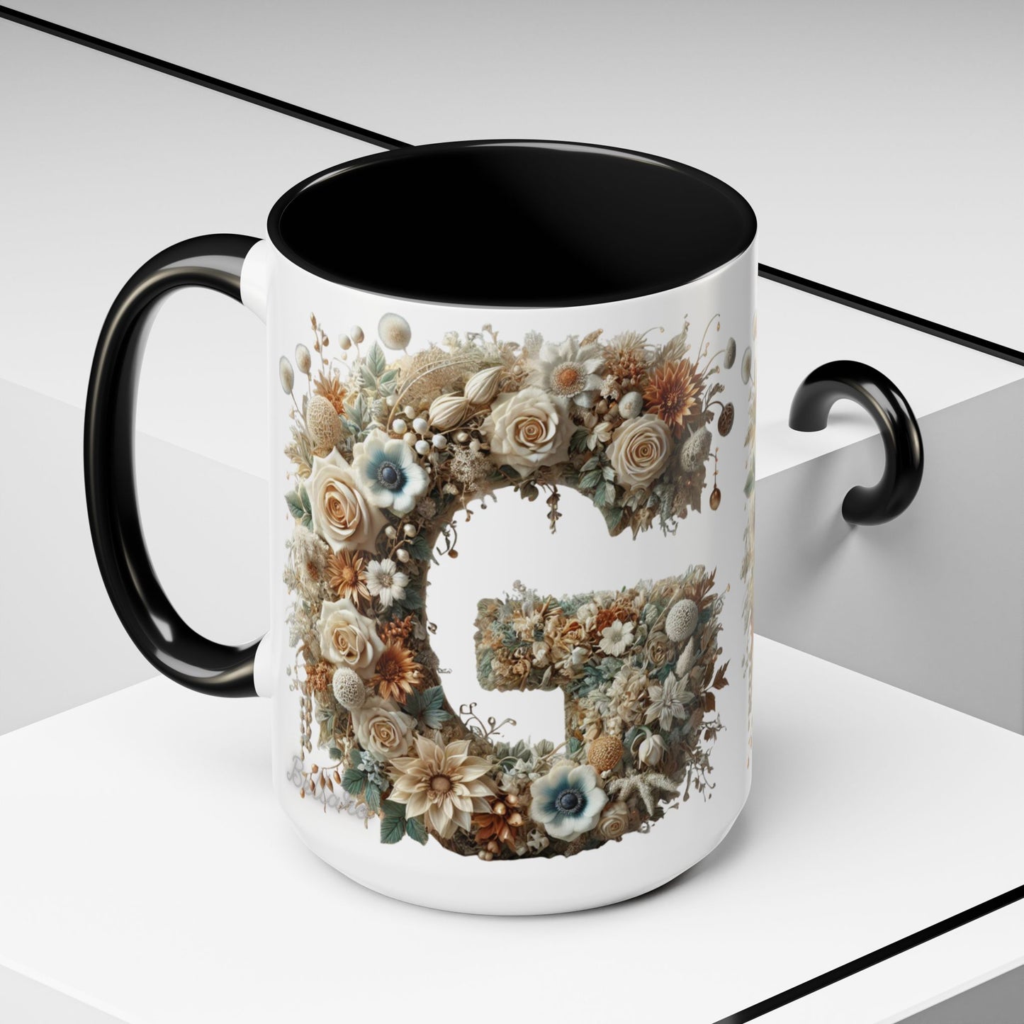 Floral Monogram 'G' Accent Coffee Mug — Botanical Initial Gift 15oz