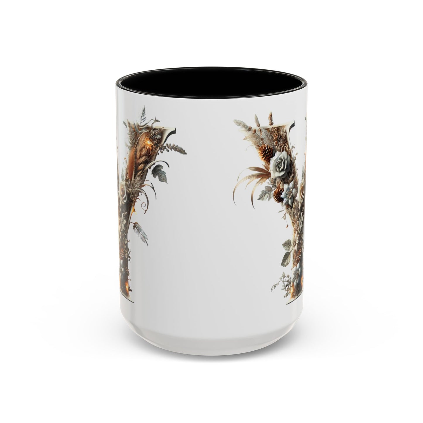 Artistic Monogram 'Y' Accent Coffee Mug — Elegant Botanical Initial Mug 15oz