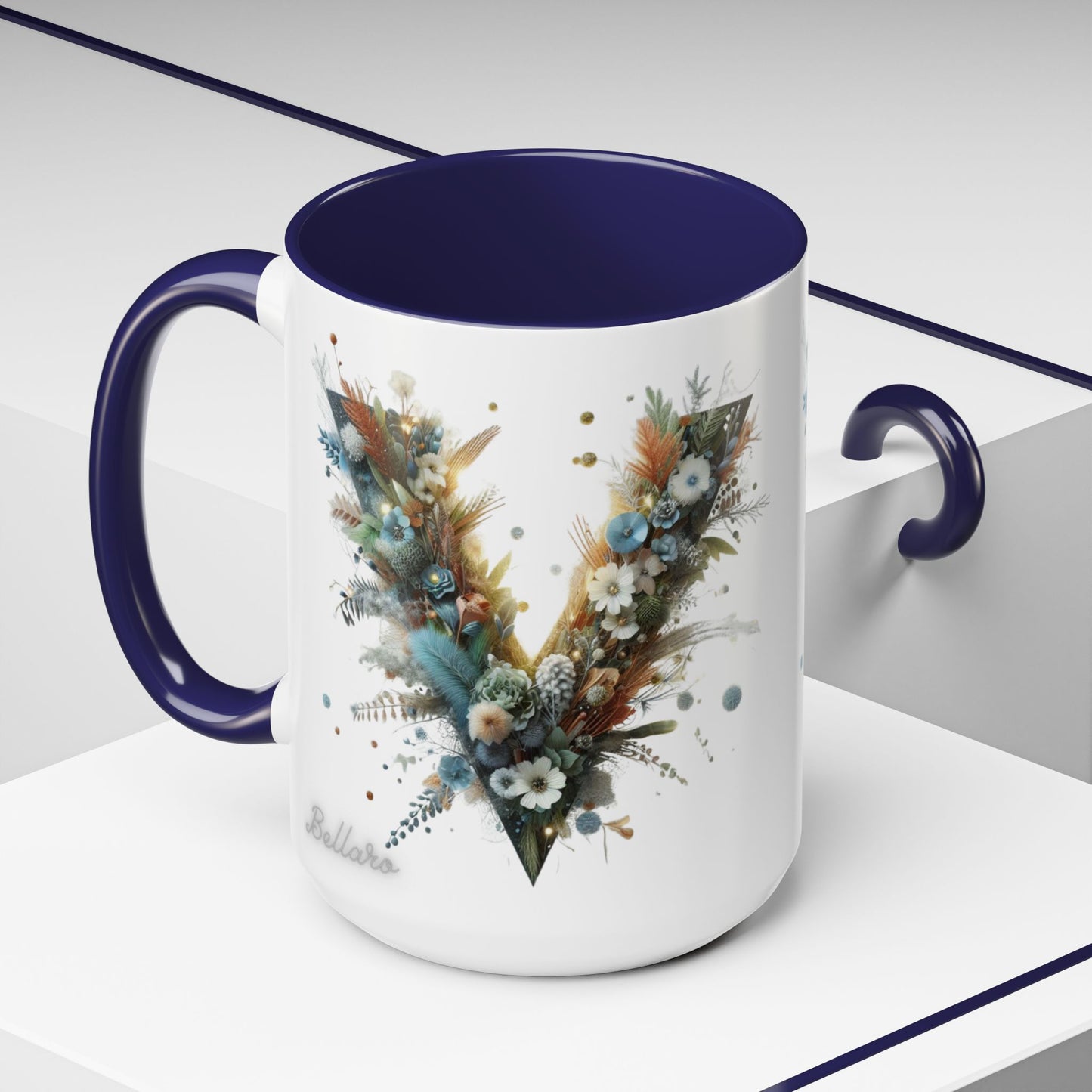 Artistic Letter 'V' Accent Coffee Mug — Botanical Initial Ceramic Mug 15 oz