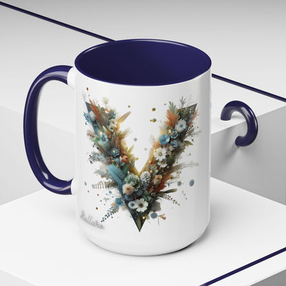 Artistic Letter 'V' Accent Coffee Mug — Botanical Initial Ceramic Mug 15 oz