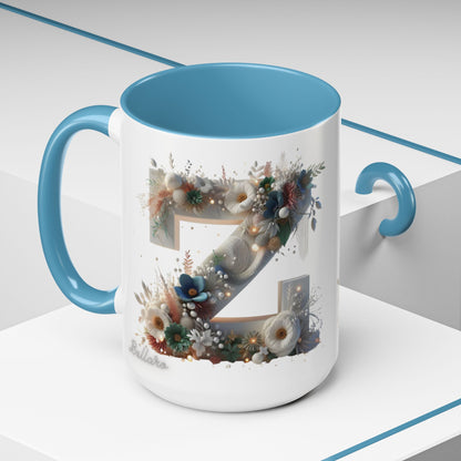 Floral Monogram 'Z' Accent Coffee Mug — 15oz Personalized Initial Mug