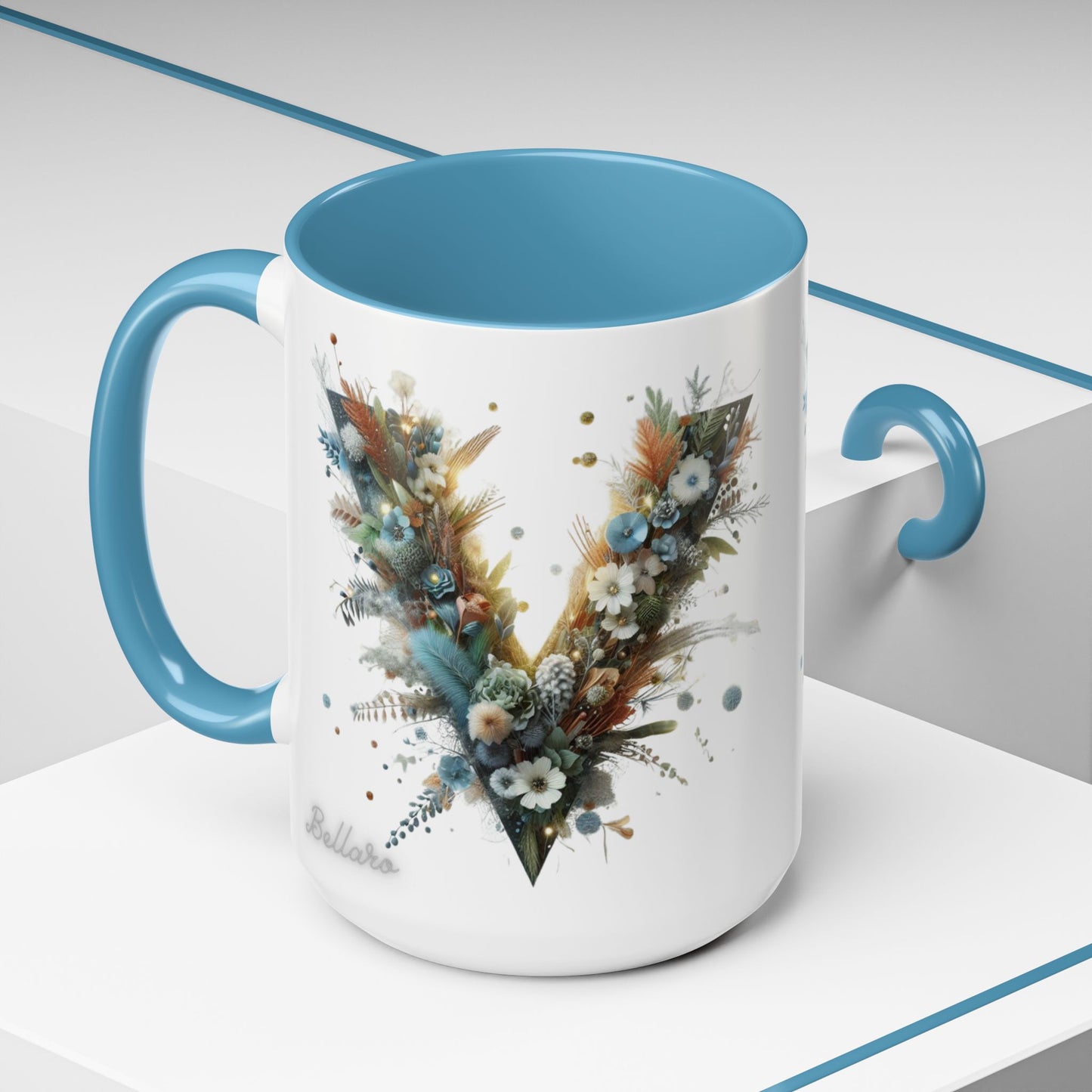Artistic Letter 'V' Accent Coffee Mug — Botanical Initial Ceramic Mug 15 oz