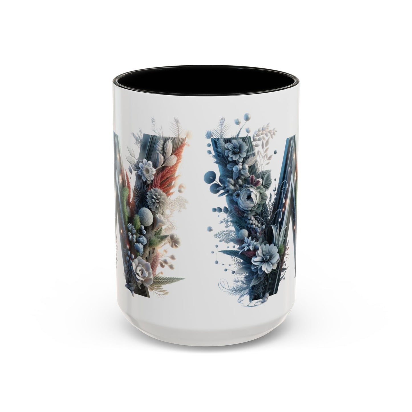 Floral Monogram Letter 'W' Accent Coffee Mug — Decorative Initial Monogram Mug 15oz