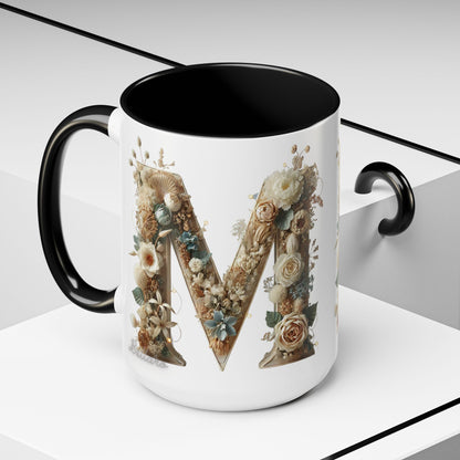 Floral Monogram 'M' Accent Coffee Mug — Rustic Botanical Initial Gift 15oz