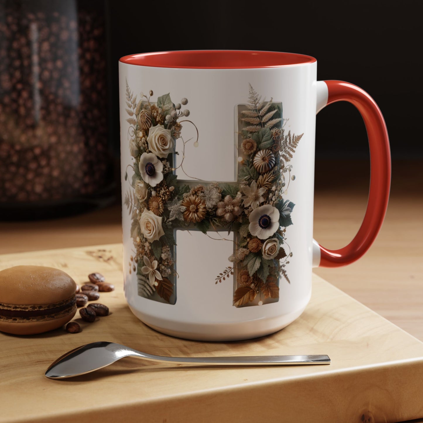 Floral Letter 'H' Accent Coffee Mug — Botanical Monogram Ceramic Mug