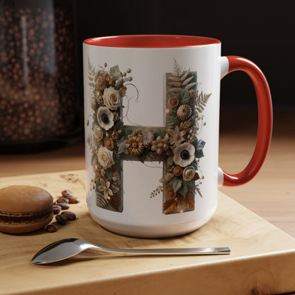 Floral Letter 'H' Accent Coffee Mug — Botanical Monogram Ceramic Mug