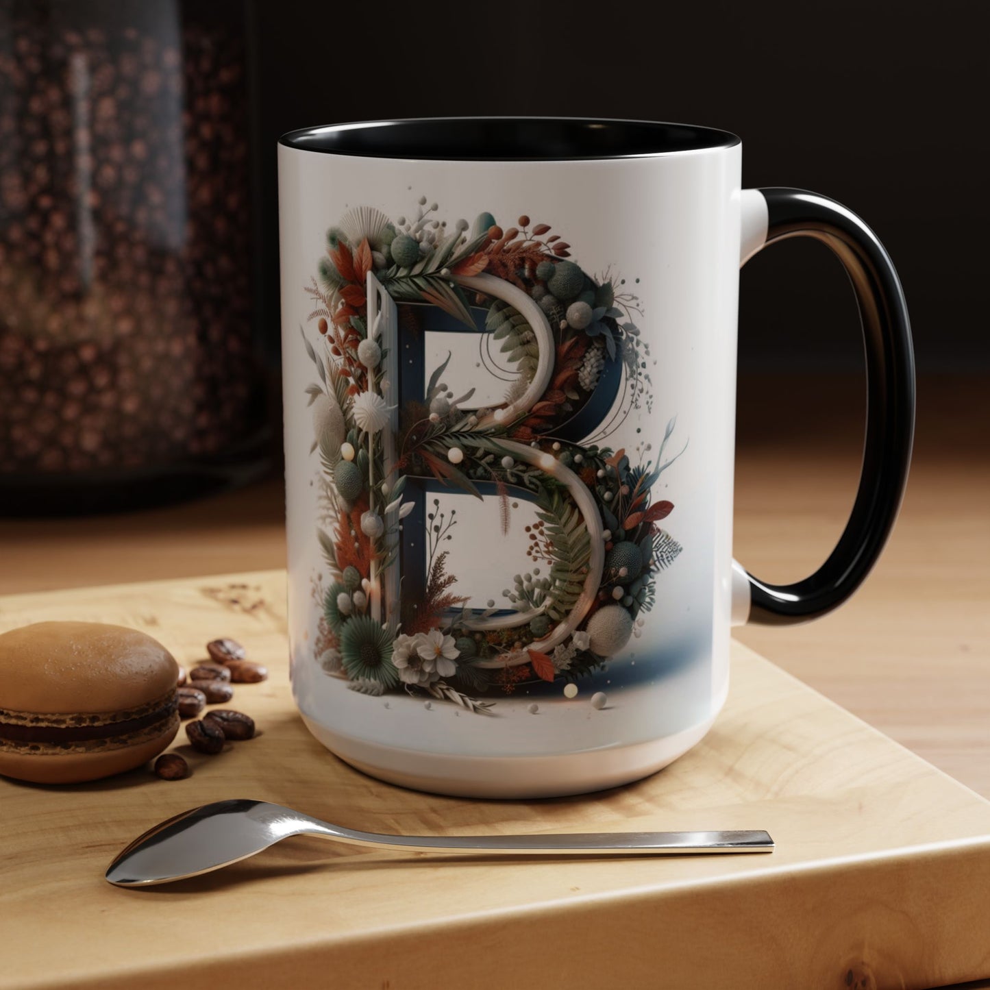 Monogram 'B' Accent Coffee Mug – Floral Holiday Initial 15oz