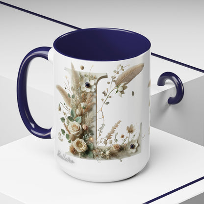 Boho 'L' Accent Coffee Mug — Neutral Dried Flowers Design 15oz