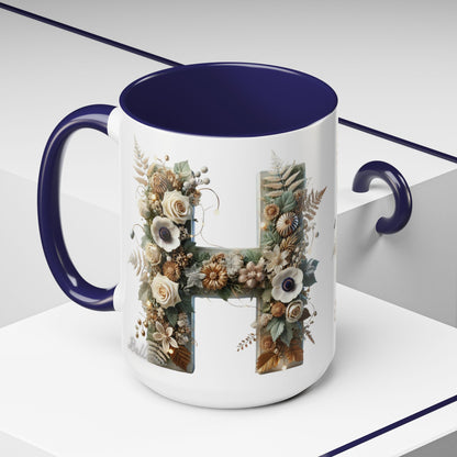 Floral Letter 'H' Accent Coffee Mug — Botanical Monogram Ceramic Mug