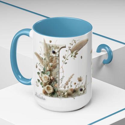 Boho 'L' Accent Coffee Mug — Neutral Dried Flowers Design 15oz