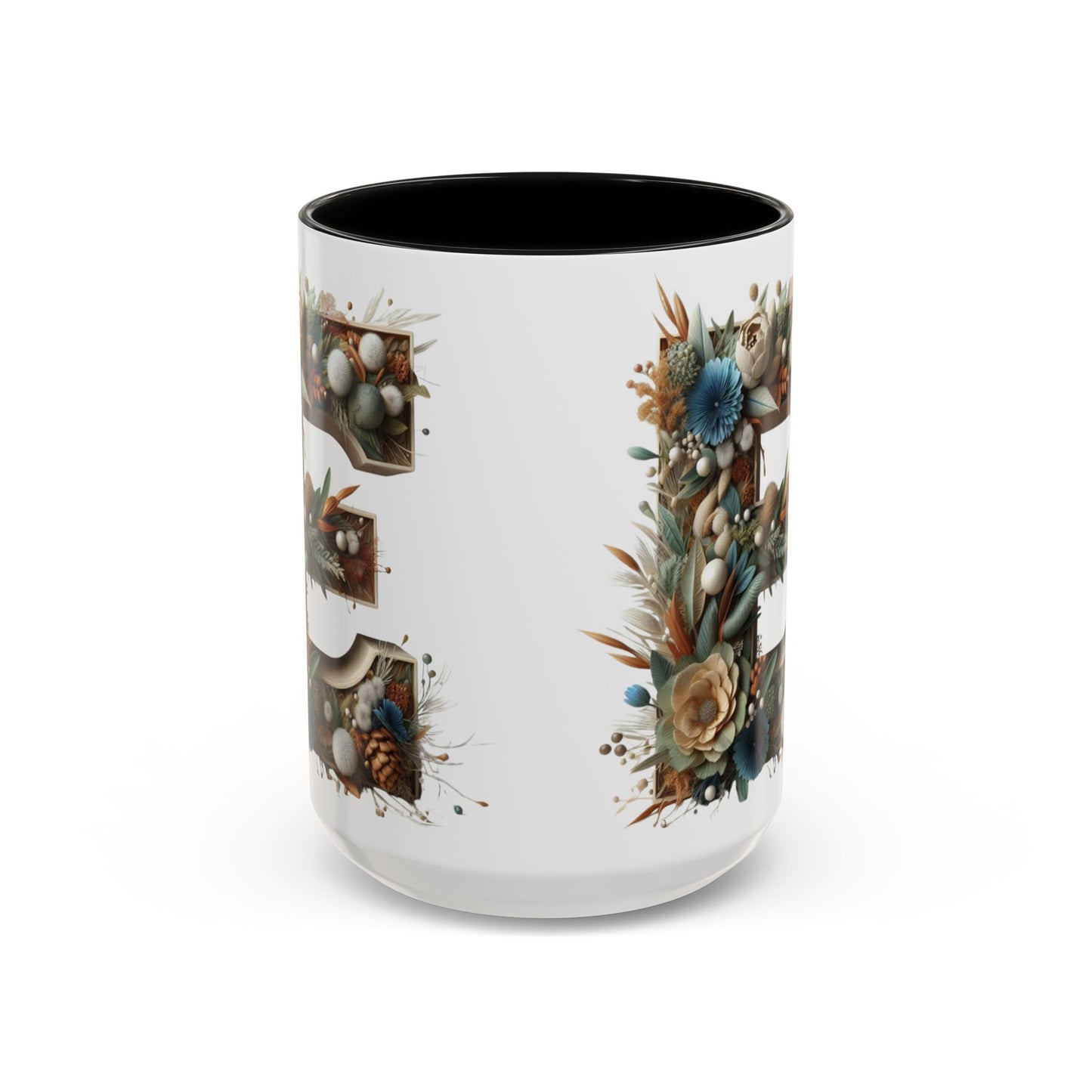 Artistic 'E' Letter Accent Coffee Mug – Botanical Initial Design 15oz