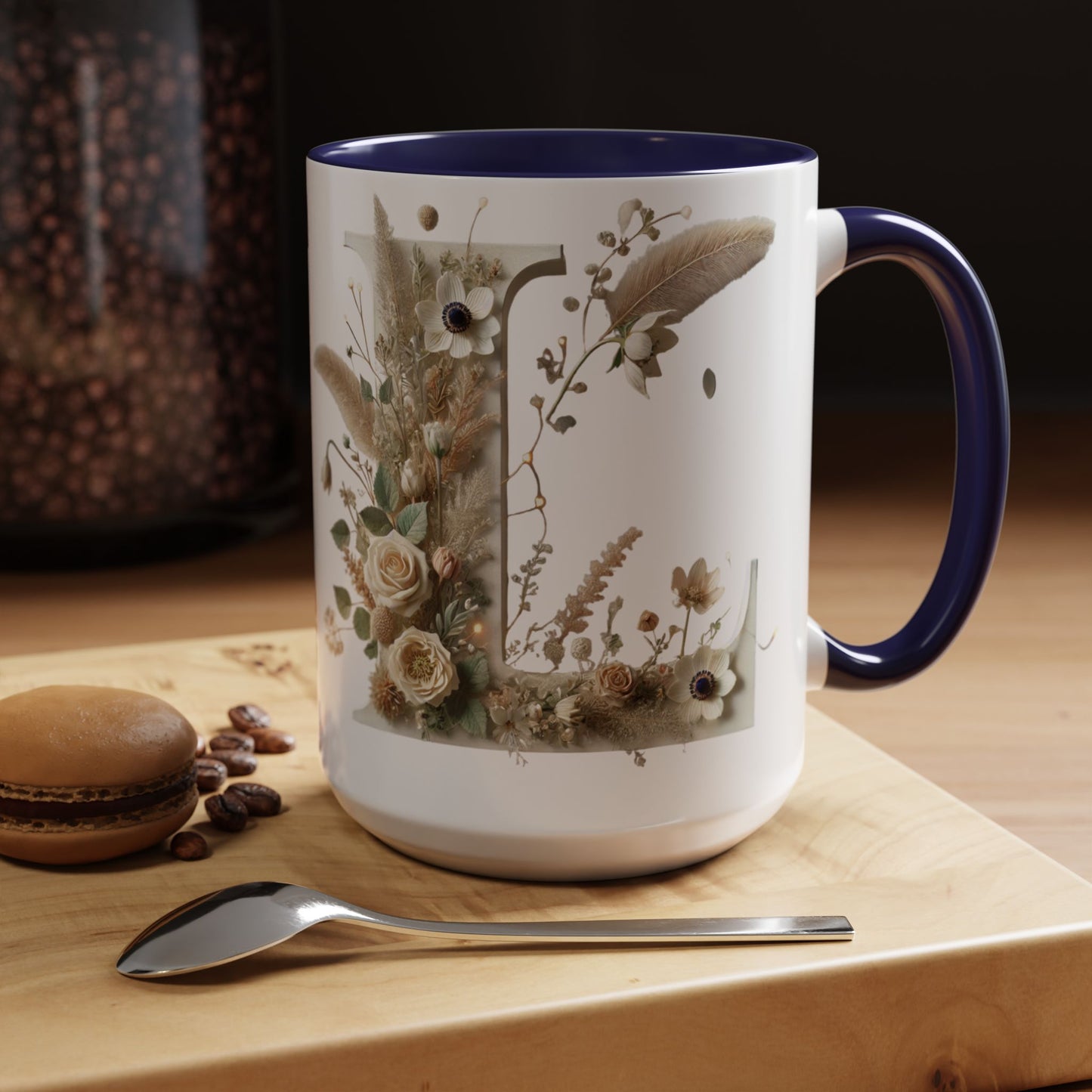 Boho 'L' Accent Coffee Mug — Neutral Dried Flowers Design 15oz