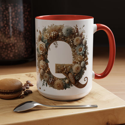 Floral Coffee Mug — Decorative 'Q' Monogram Accent Mug 15oz