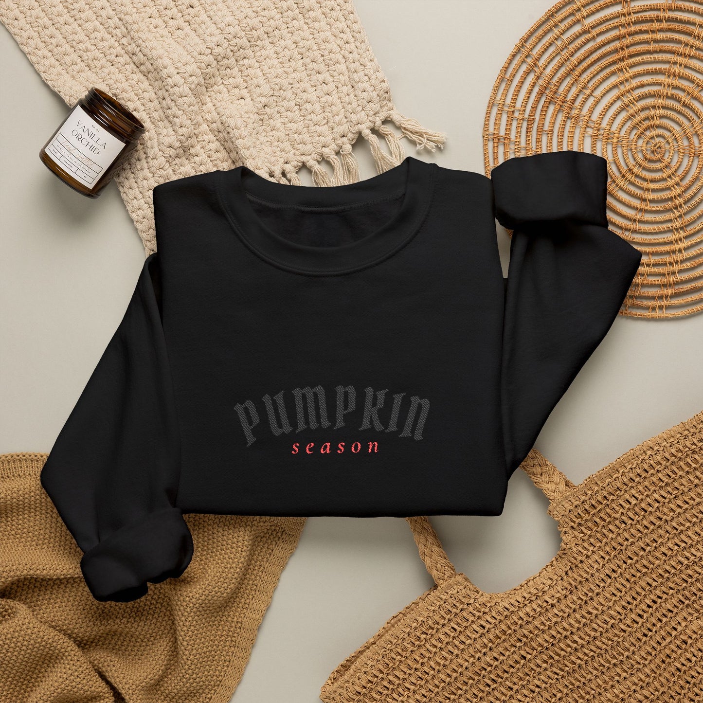 Crewneck Sweatshirt — Embroidered Black “Pumpkin Season” Fall Graphic
