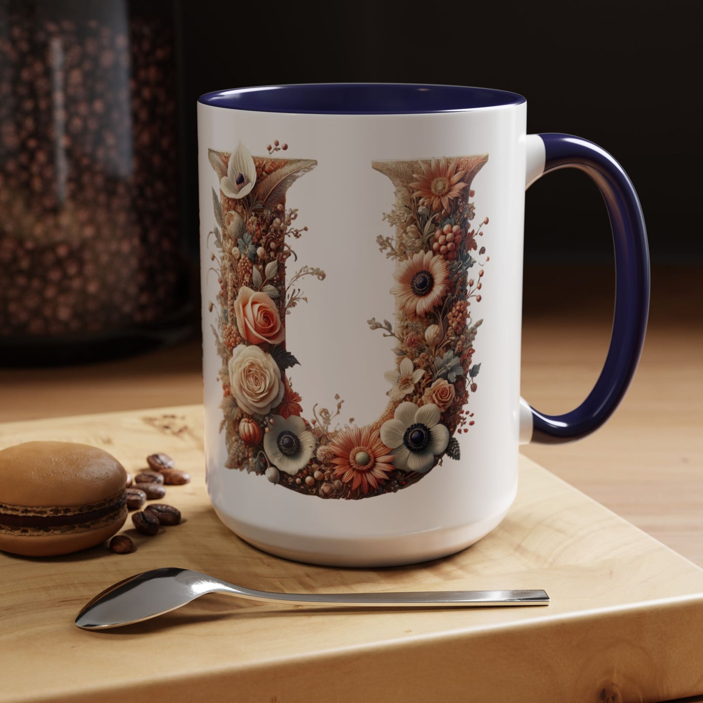 Floral Monogram 'U' Accent Coffee Mug – Floral Letter U Ceramic Mug 15oz