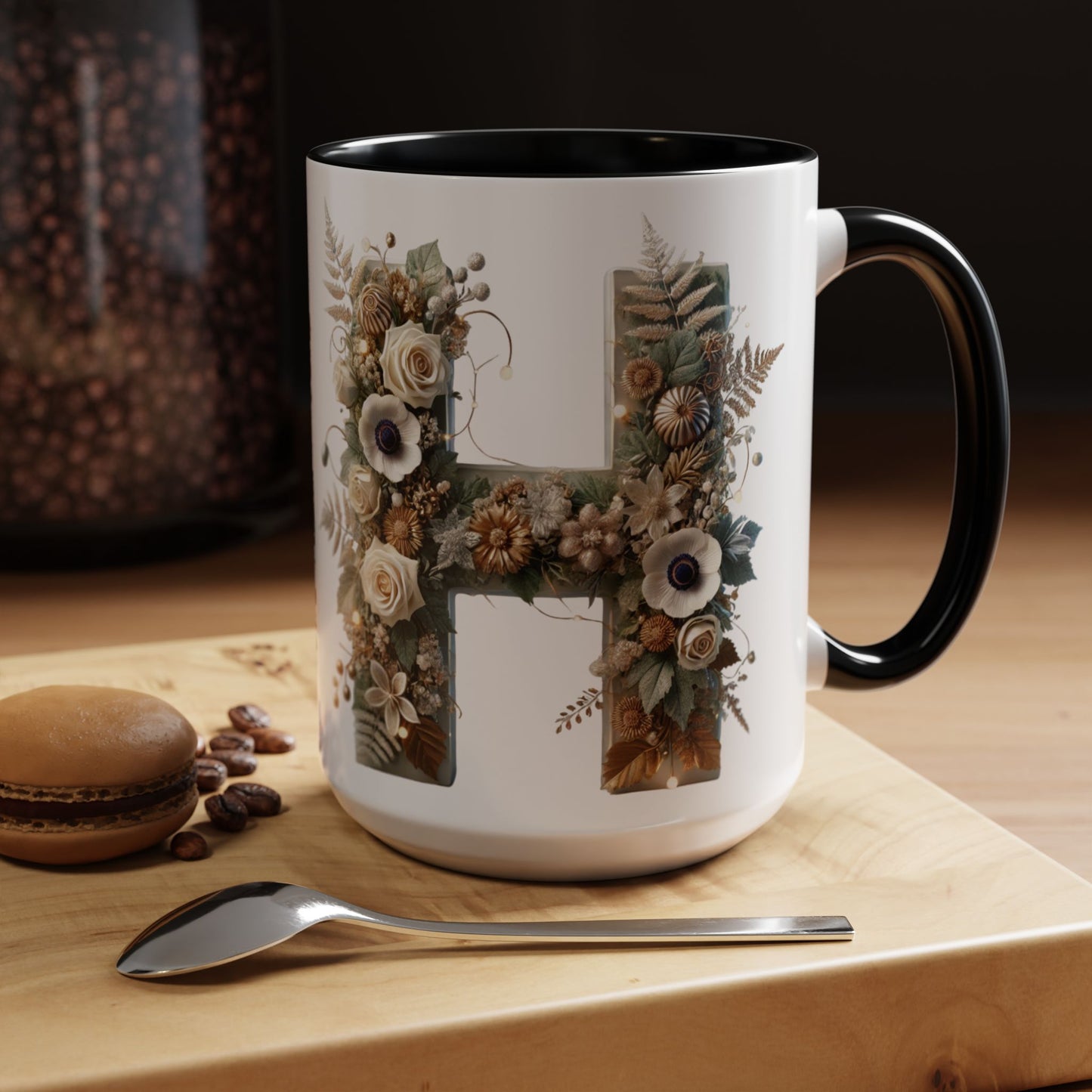Floral Letter 'H' Accent Coffee Mug — Botanical Monogram Ceramic Mug