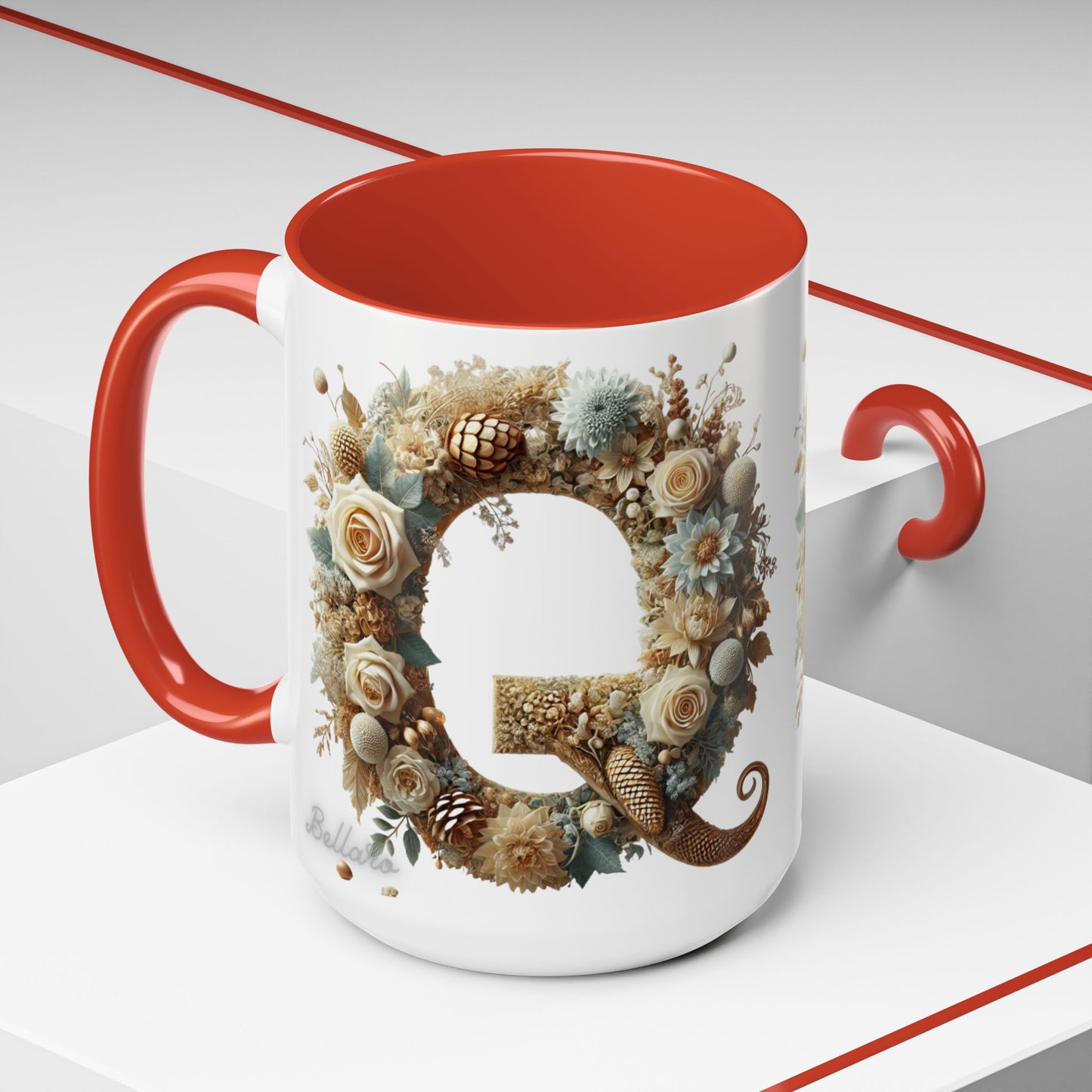Floral Coffee Mug — Decorative 'Q' Monogram Accent Mug 15oz