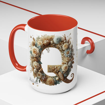 Floral Coffee Mug — Decorative 'Q' Monogram Accent Mug 15oz