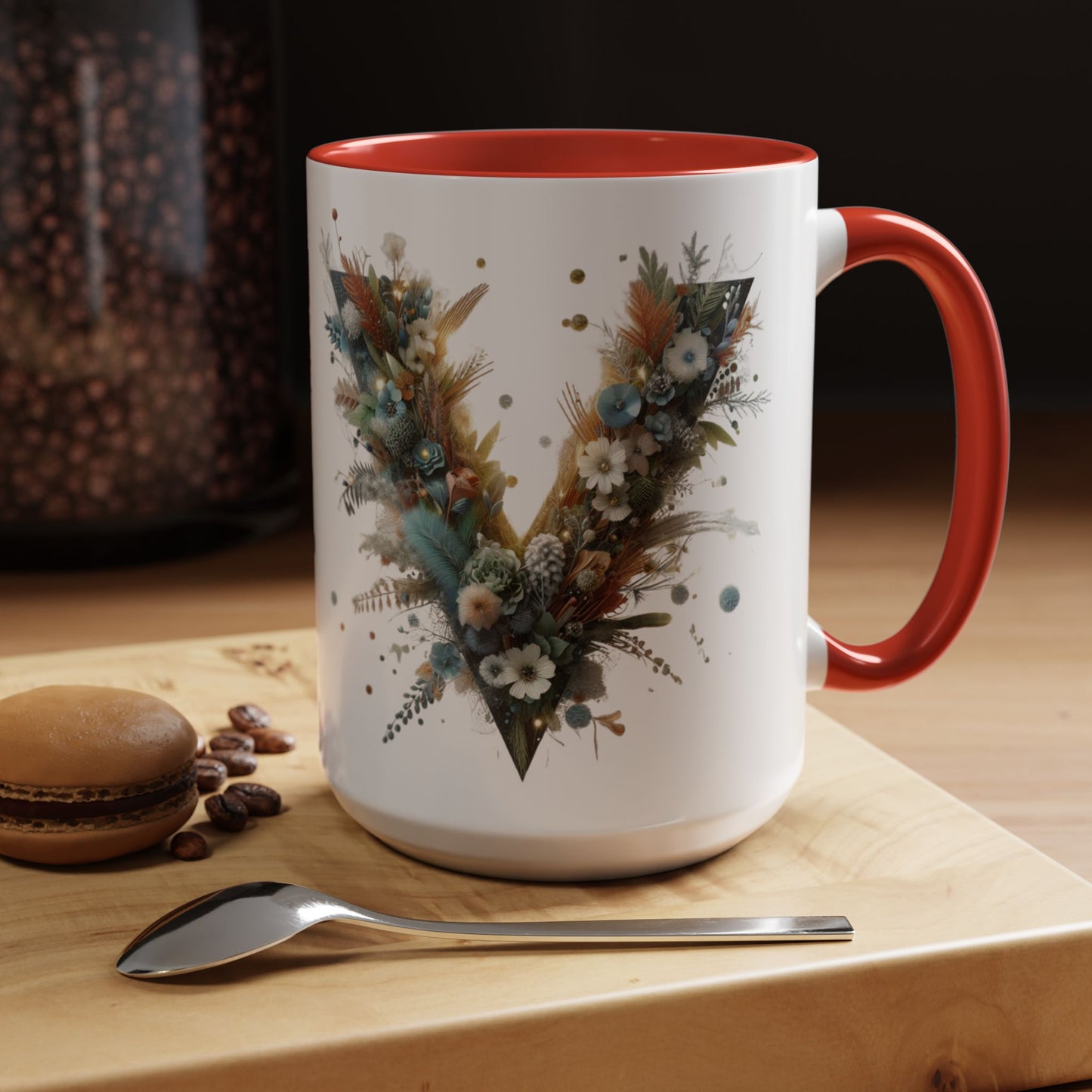 Artistic Letter 'V' Accent Coffee Mug — Botanical Initial Ceramic Mug 15 oz