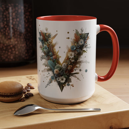 Artistic Letter 'V' Accent Coffee Mug — Botanical Initial Ceramic Mug 15 oz