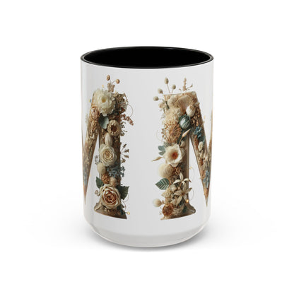 Floral Monogram 'M' Accent Coffee Mug — Rustic Botanical Initial Gift 15oz