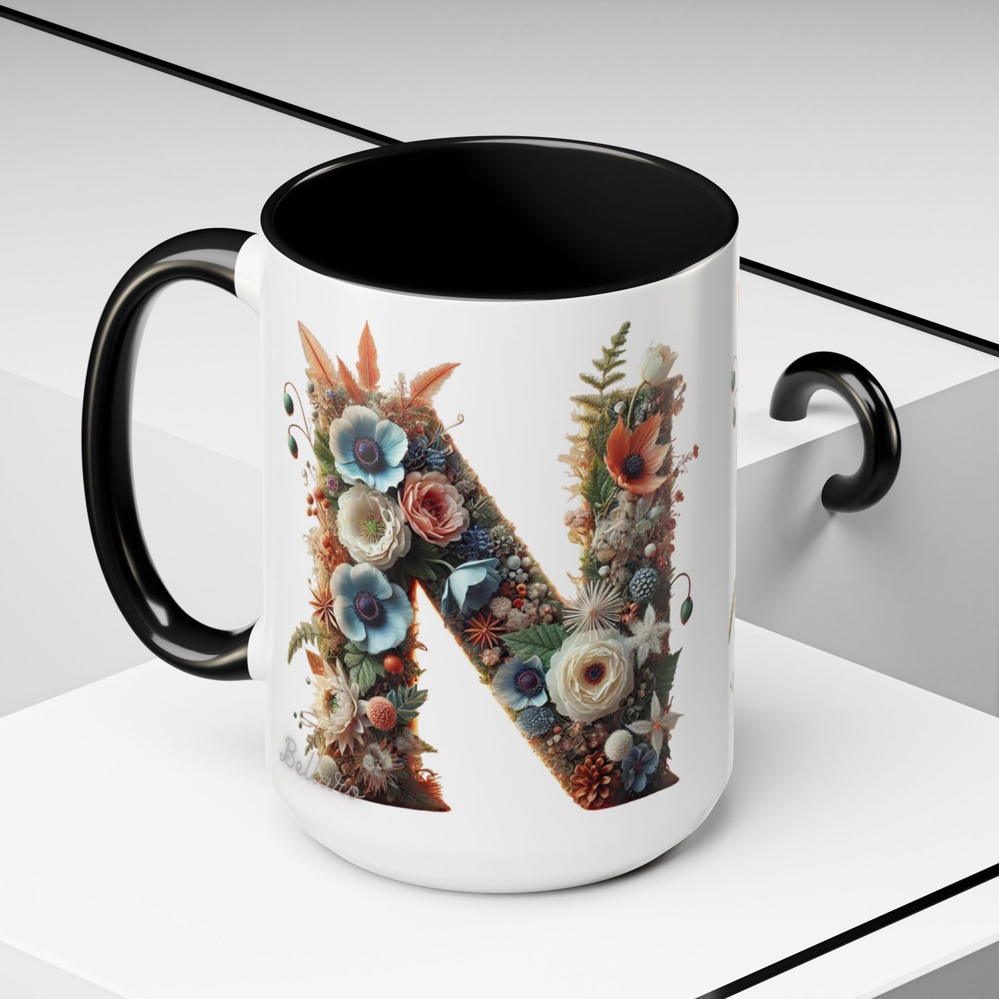 Floral Letter 'N' Accent Coffee Mug — Botanical Monogram Gift 15oz