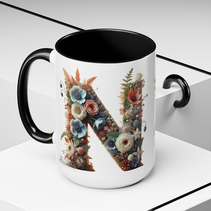 Floral Letter 'N' Accent Coffee Mug — Botanical Monogram Gift 15oz