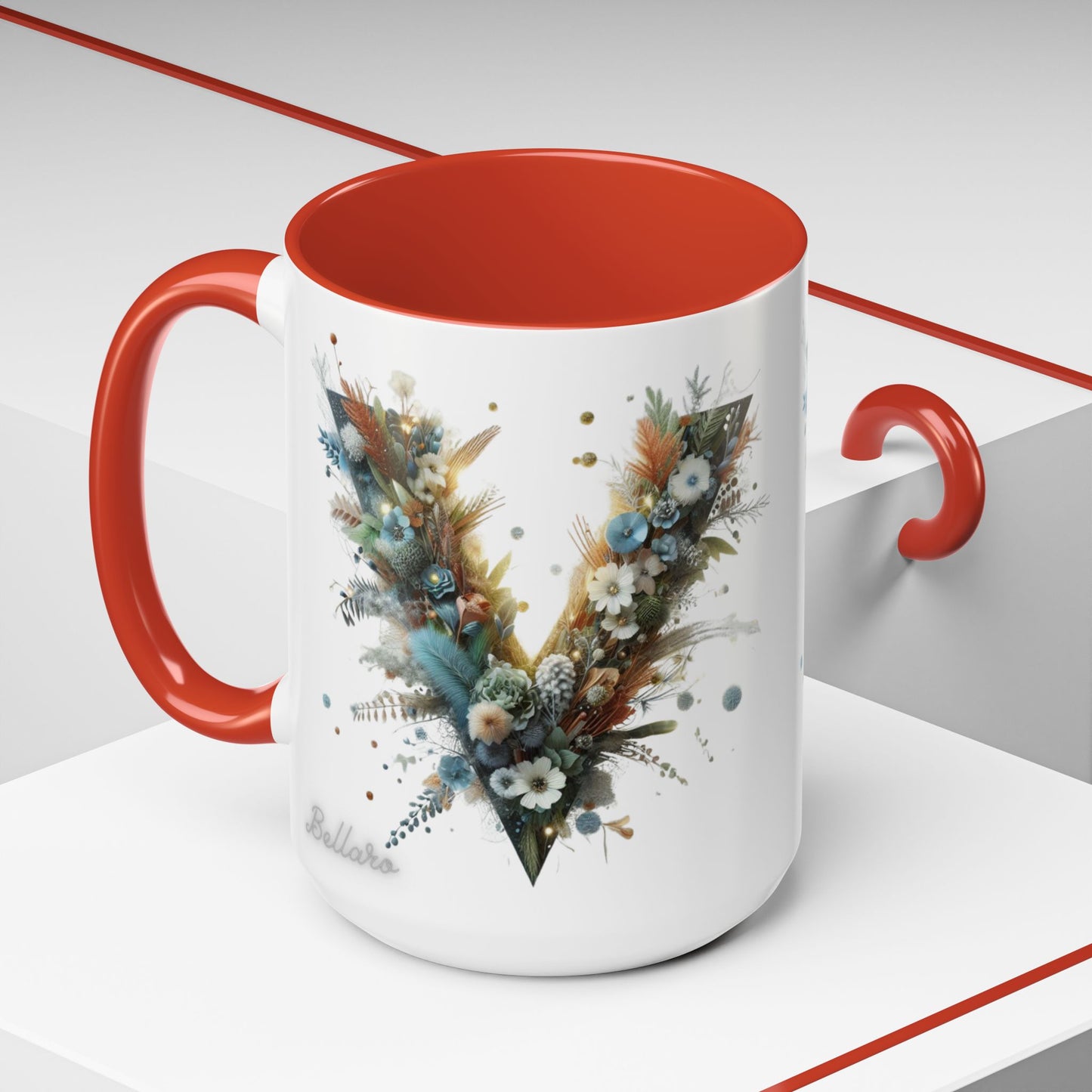 Artistic Letter 'V' Accent Coffee Mug — Botanical Initial Ceramic Mug 15 oz