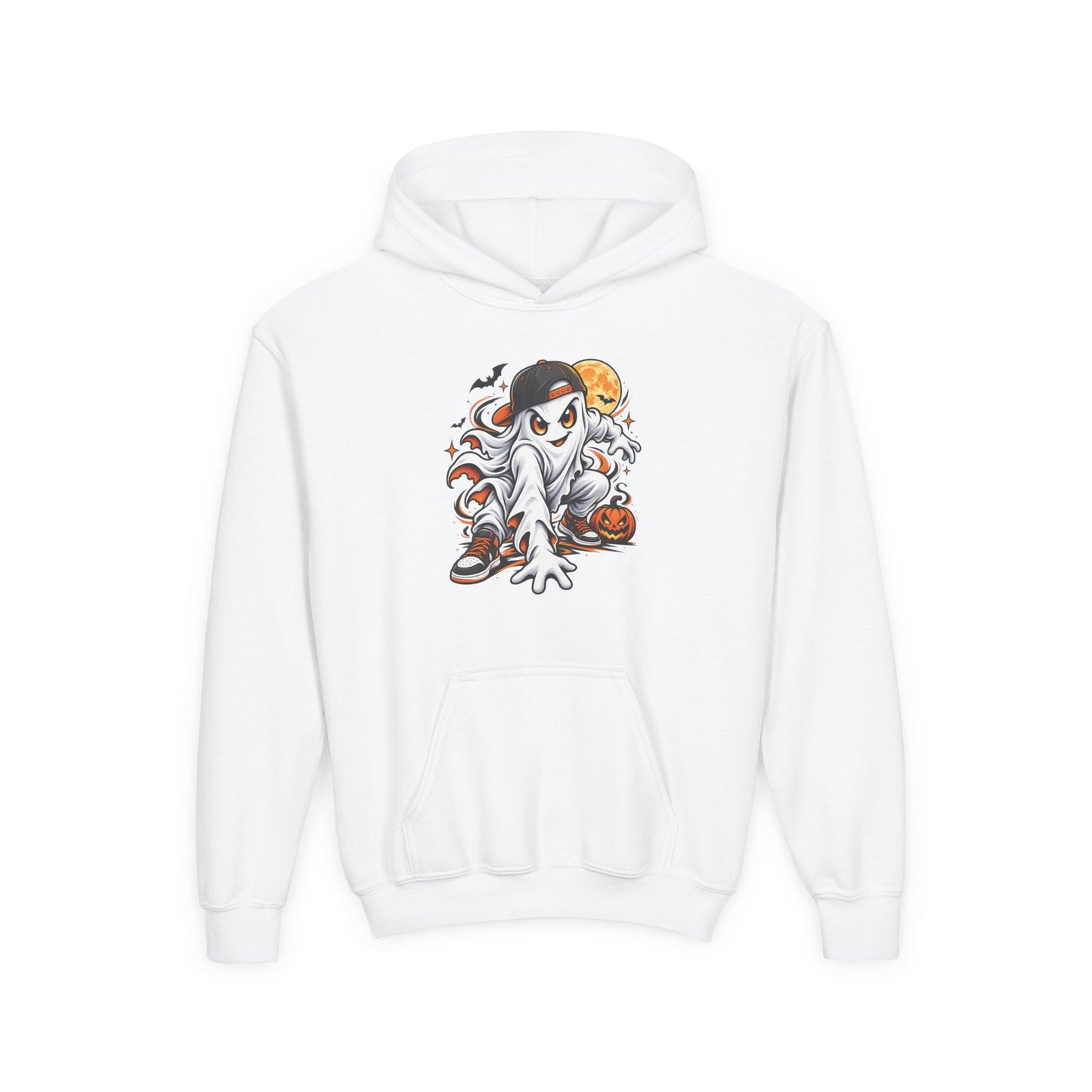 Youth Hoodie — Playful Ghost & Pumpkin Halloween Pullover