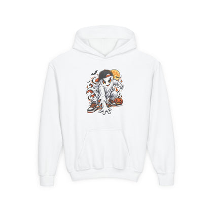 Youth Hoodie — Playful Ghost & Pumpkin Halloween Pullover