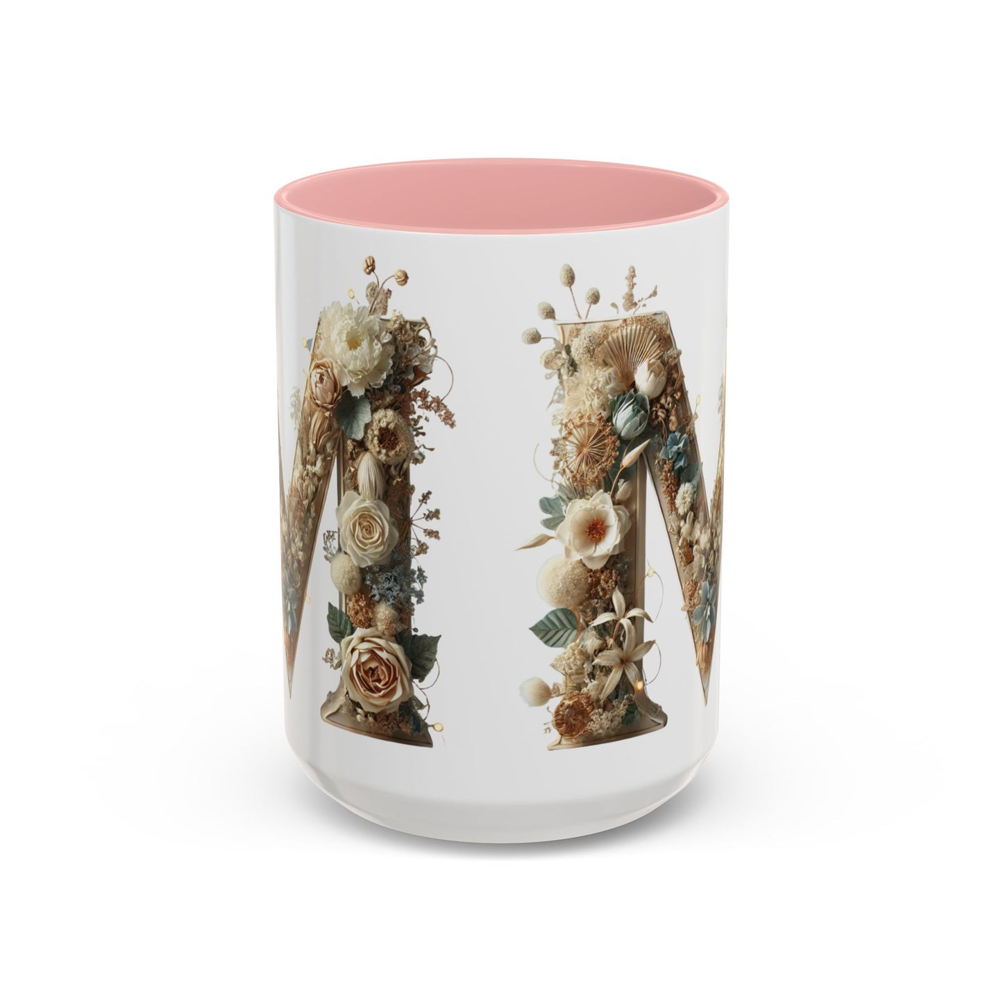 Floral Monogram 'M' Accent Coffee Mug — Rustic Botanical Initial Gift 15oz