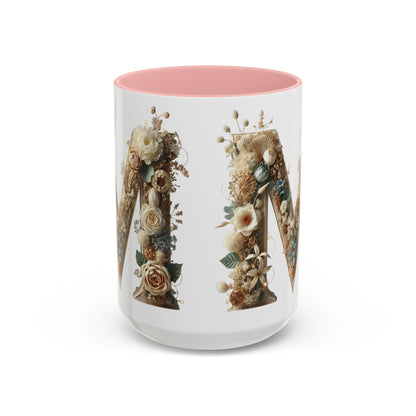 Floral Monogram 'M' Accent Coffee Mug — Rustic Botanical Initial Gift 15oz