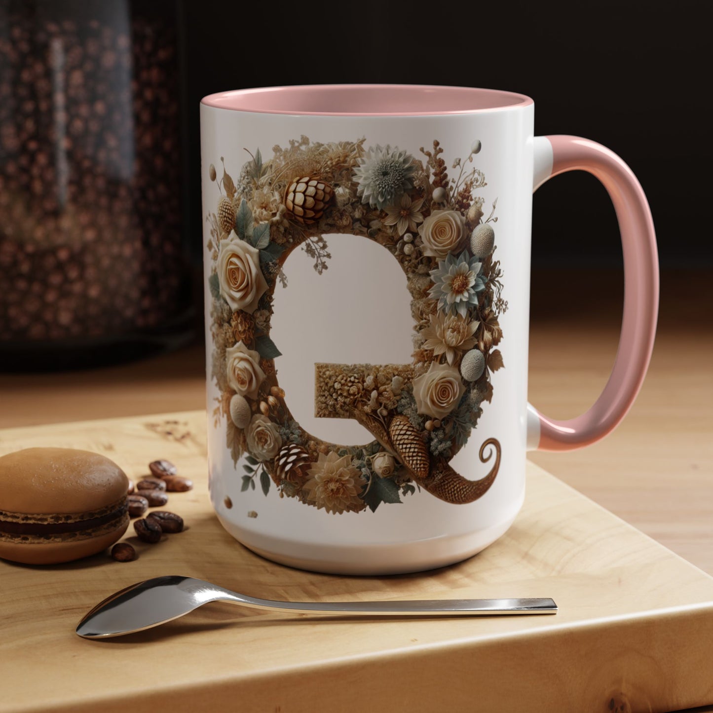 Floral Coffee Mug — Decorative 'Q' Monogram Accent Mug 15oz