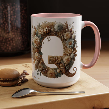 Floral Coffee Mug — Decorative 'Q' Monogram Accent Mug 15oz