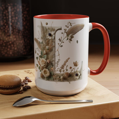 Boho 'L' Accent Coffee Mug — Neutral Dried Flowers Design 15oz