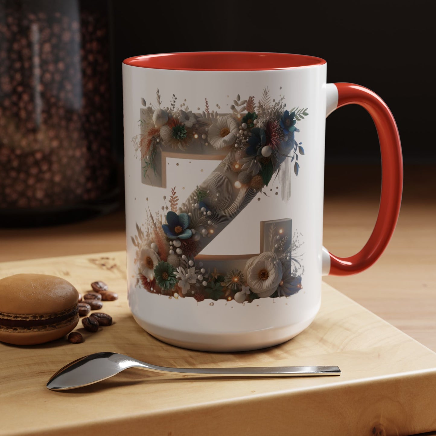 Floral Monogram 'Z' Accent Coffee Mug — 15oz Personalized Initial Mug