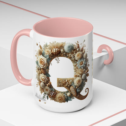 Floral Coffee Mug — Decorative 'Q' Monogram Accent Mug 15oz