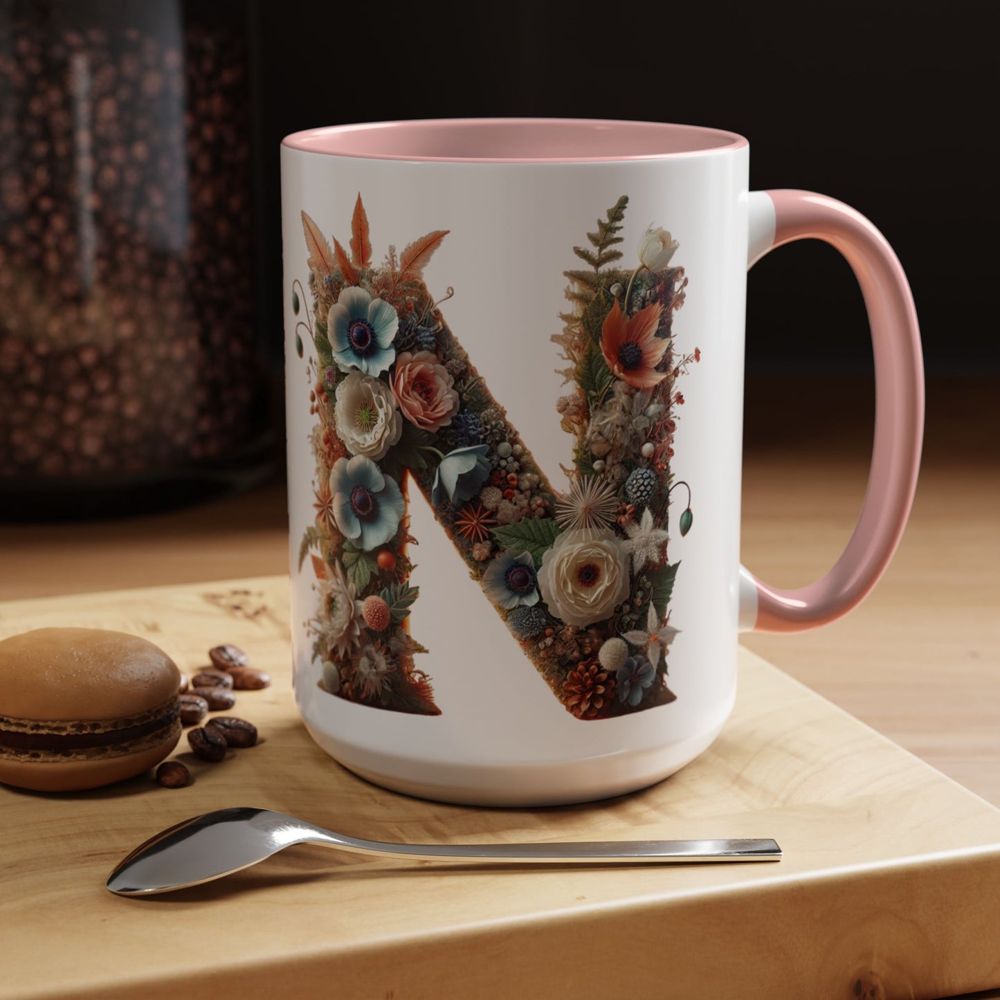 Floral Letter 'N' Accent Coffee Mug — Botanical Monogram Gift 15oz