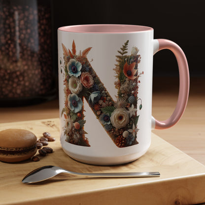 Floral Letter 'N' Accent Coffee Mug — Botanical Monogram Gift 15oz