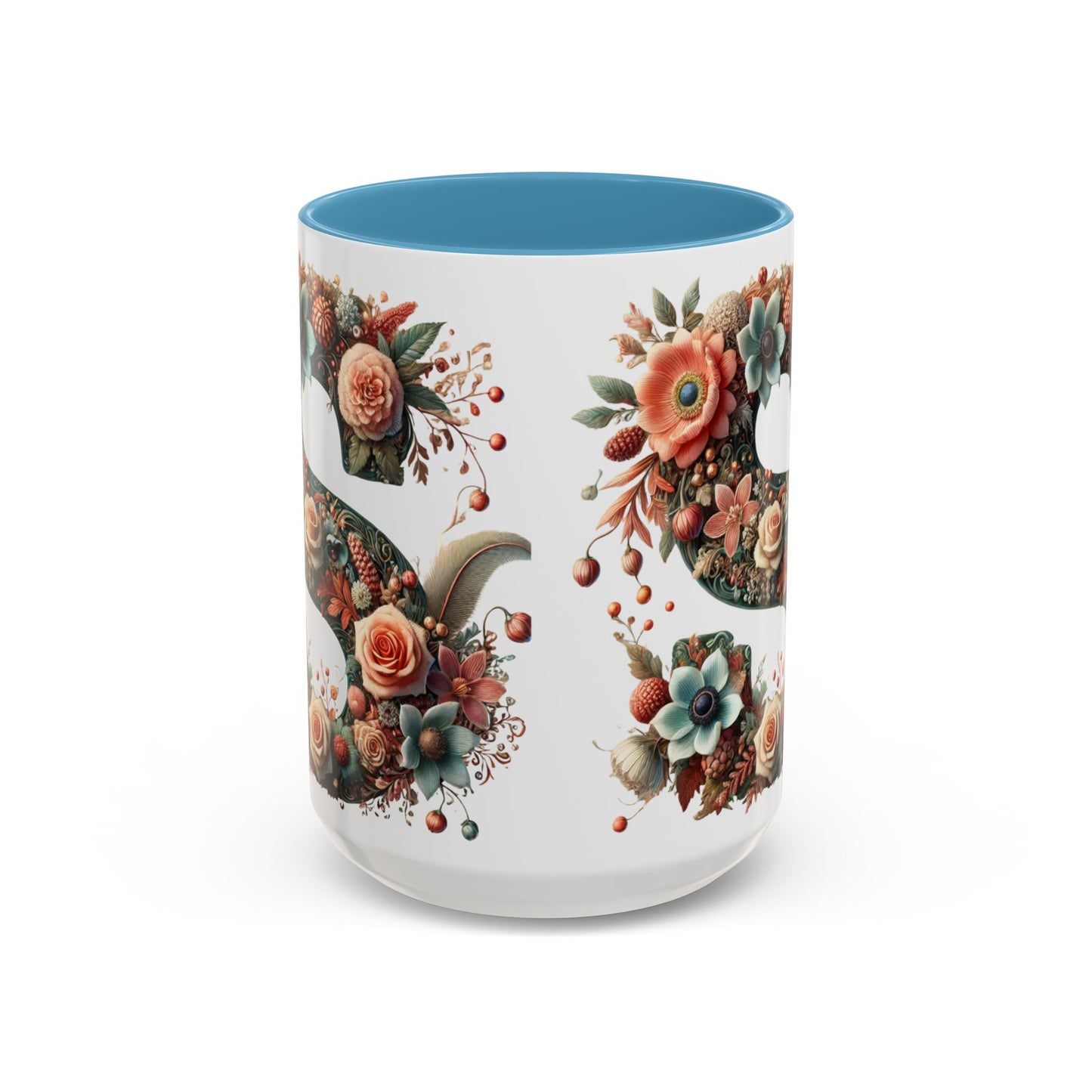 Floral Monogram 'S' Accent Coffee Mug – Vintage Rose Initial Mug 15oz