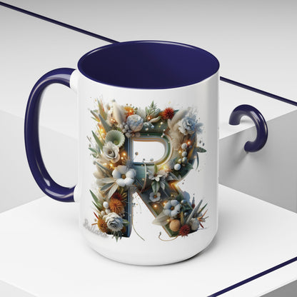 Personalized Monogram 'R' Artistic Floral Accent Coffee Mug 15oz